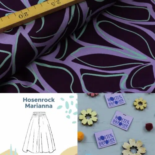 VISKOSE STRETCH: Abstract Flowers Purple Nähset Hosenrock Marianna mit Stoff, Garn und Etikett