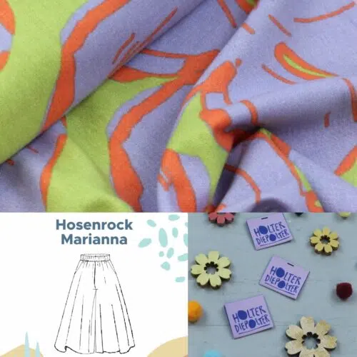 Viskose-/Leinengemisch „Große Blätter Green/Pumpkin/Lilac Nähset Hosenrock Marianna mit Stoff, Garn und Etikett